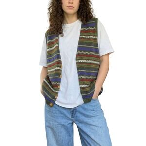 Oversized Vintage Knit Vest Womens S Fair Isle Geometric Pattern Button Up